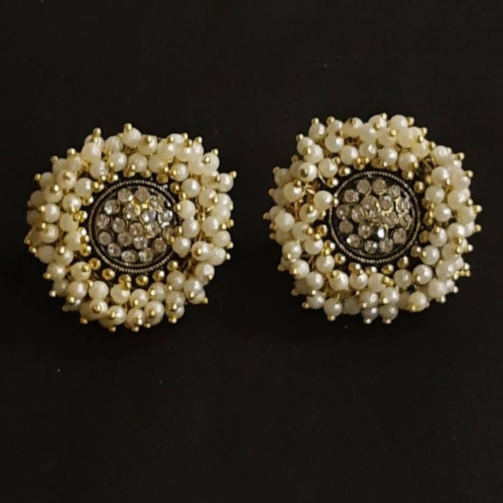 Gold and White Pearl Cluster Crystal Stud Earrings